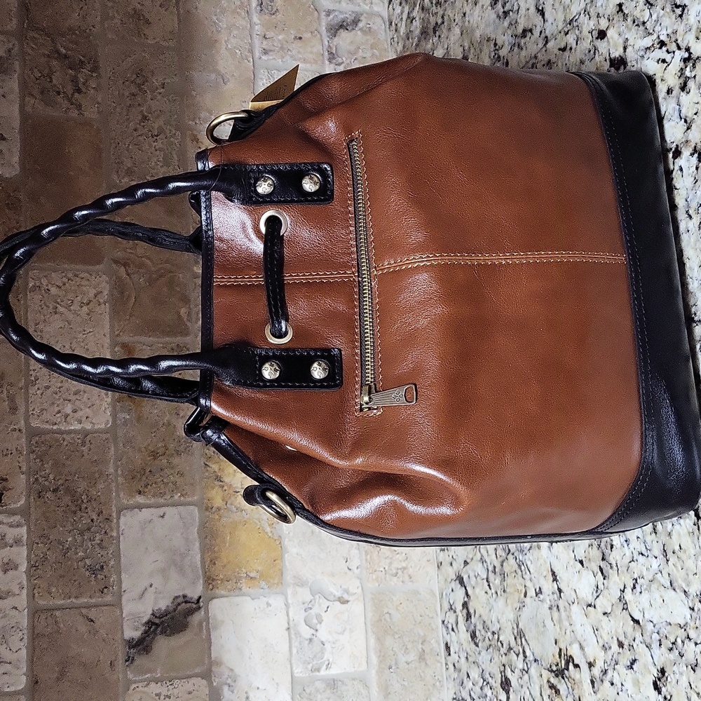 Patricia Nash Brown and Black Leather Drawstring Bucket Bag - Picture 5 of 16